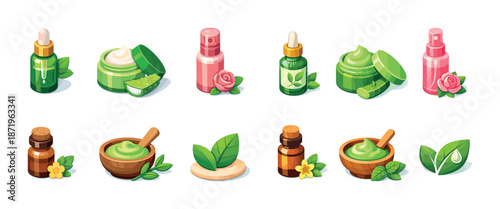 Natural skincare products: botanical bottles, creams, and essential oils for healthy skin