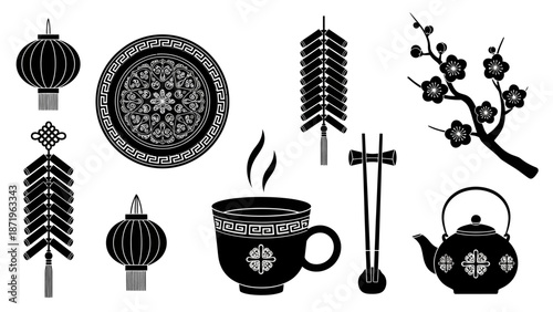 Black silhouette icons for Chinese New Year, featuring a steaming cup of tea, traditional lanterns, and decorative elements on a white background with a celebratory feel.
