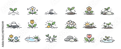 Collection of adorable cartoon flowers and plants in various stages of growth