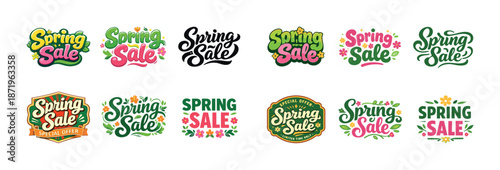 Colorful spring sale logos with floral designs and creative typography