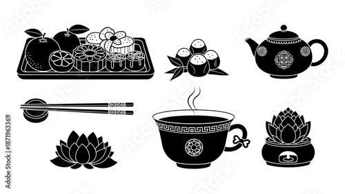 Black silhouette icons of Chinese New Year themed items including a steaming cup of tea, teapot, lotus flowers, and steamer basket on a white background with a festive mood.