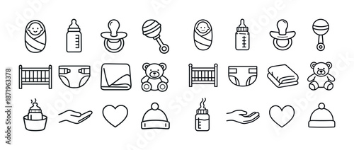 Baby essentials icons: bottles, pacifiers, cribs, and more in simple line art style