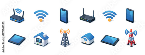 Isometric technology icons: wireless router, smart device, signal tower, wi-fi symbols