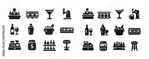 Bar icons: cocktails, bartenders, alcohol, wine, and beer silhouettes