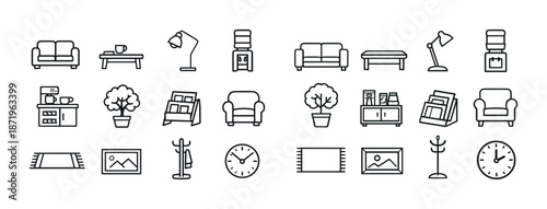 Modern office furniture collection: sofas, lamps, tables, plants, water dispenser, clocks