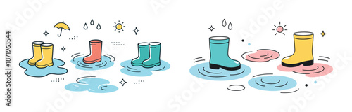 Colorful rain boots puddles sun rain drops