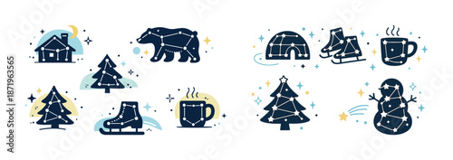 Winter icons: bear, trees, igloo, snowman, ice skates, warm mug