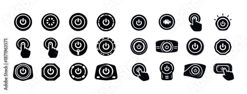 Collection of black power button icons with hand gestures