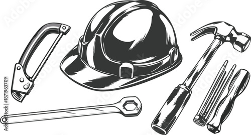 Construction tools and hard hat on black background