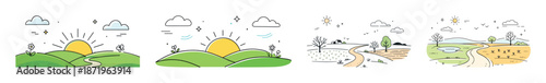 Vector landscape set: sunrise scenes over rolling hills and winding paths