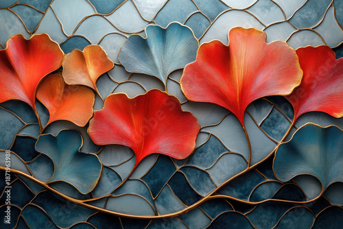 Digital Art Meets Traditional Style in Ginkgo Leaf Illustration with Golden Edges