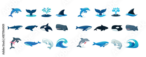 Ocean creatures: icon set of dolphins, orcas, whales, waves