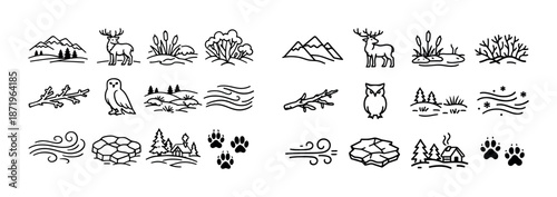 Winter wildlife scenery illustrations with deer owl and landscapes