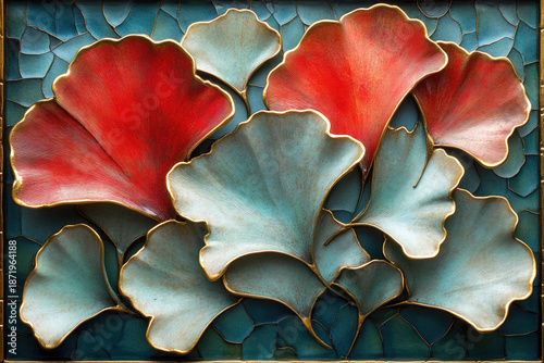 Elegant Ginkgo Leaves with Red and Gold Detailing Against a Teal Background