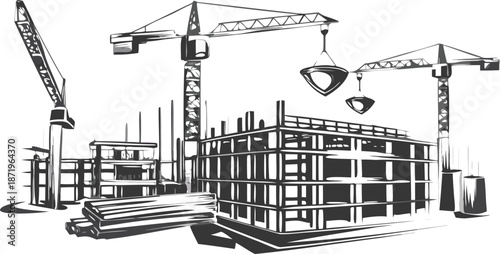 Construction site with cranes building modern structure
