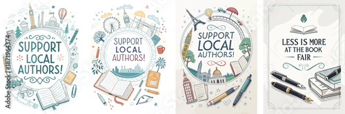 Minimalist creative poster design featuring books and artistic elements for a book fair