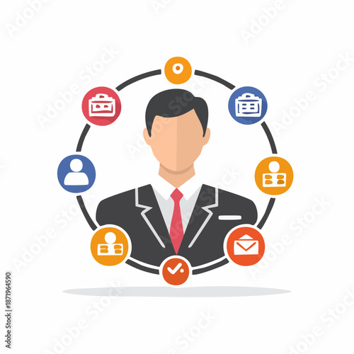 Business man surrounded by icons representing different tasks and responsibilities