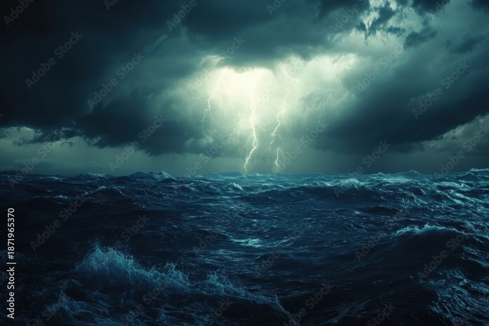 Fototapeta premium Dramatic Thunderclouds Looming Over Choppy Sea Capturing Nature's Fury and Beauty