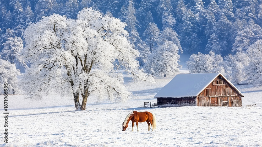 Fototapeta premium Snowy field with a lone horse grazing, distant barn and snow-covered trees .