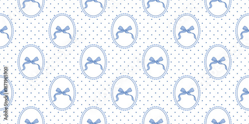 Coquette seamless pattern oval frame with lace and blue bows. Cute polka dots background for fabric, print and wrapping paper. Girly repeat wallpaper texture. Vector illustration art