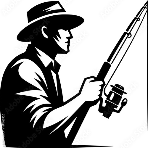 Fisherman with fishing rod vector illustration in cartoon style