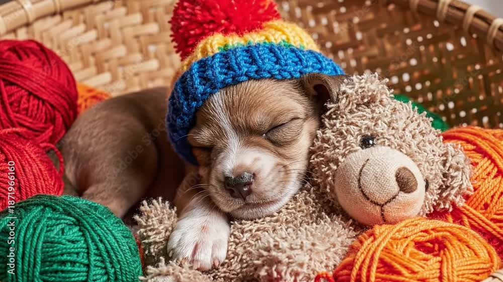 custom made wallpaper toronto digitalCute Puppy Sleeping in a Cozy Basket Surrounded by Colorful Yarn and a Soft Toy
