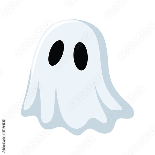 Simple white cartoon ghost with two large dark oval eyes floating