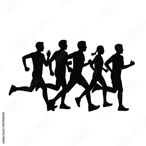 Silhouette of a group of people running together in a line