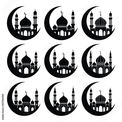 A repeating pattern of islamic crescent moons and detailed mosque silhouettes conveys religious symbolism