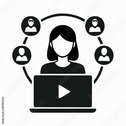 Icon representing an online video conference, virtual learning, or remote collaboration session, featuring a central speaker delivering a presentation to connected participants