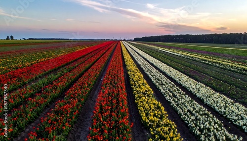 Aerial View of Vibrant Tulip Fields at Sunset.