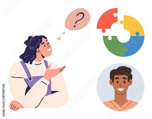 Communication, problem solving, teamwork, decision making, collaboration, human connection. A woman pondering with a puzzle diagram and male portrait nearby. Communication and problem solving