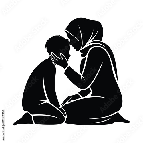 A tender moment captured a mother lovingly embraces and comforts her young child in silhouette