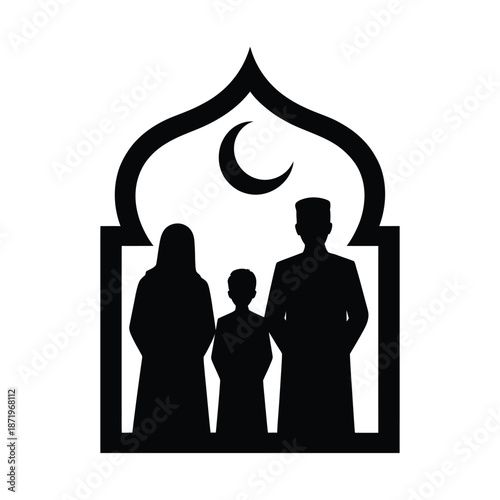A silhouetted muslim family stands beneath an islamic arch with a crescent moon above them