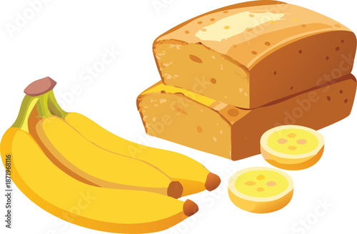a delightful cartoon depiction showcasing ripe bananas and freshly baked banana bread high quality