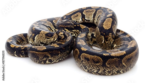 A coiled ball python snake with intricate brown and gold patterns on its scales, isolated on a white background.