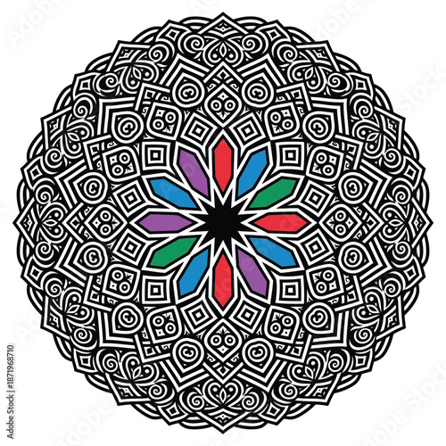 An intricate black and white mandala with a colorful center and detailed ornamental patterns