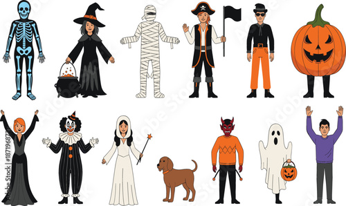 Collection of people in Halloween costumes featuring skeleton witch mummy pirate pumpkin ghost clown and devil characters for trick or treat party celebration.