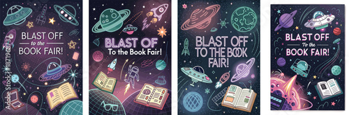 Futuristic sci-fi book fair poster with cosmic elements and glowing text