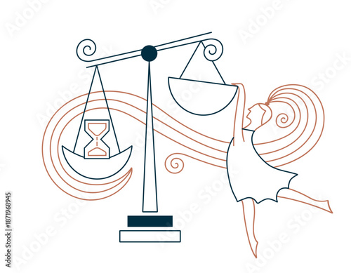 Minimalist line art of woman trying to tip the scales of justice with hourglass symbolizing time and control

