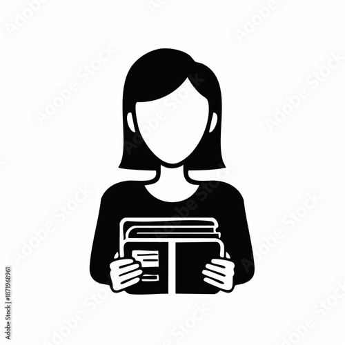 Iconic representation of a woman holding a stack of books, symbolizing education, knowledge, and learning