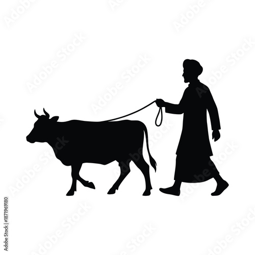 A silhouette depicts a farmer leading a cow showcasing a traditional rural scene in black and white