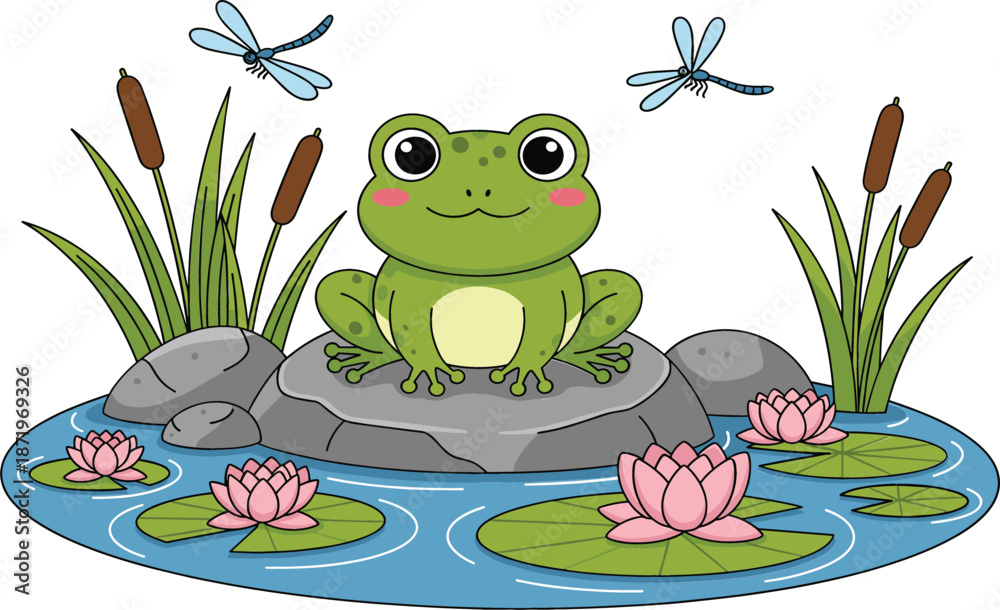 Fototapeta premium Cute green cartoon frog sitting on a rock in a pond with pink water lilies dragonflies and cattails flat vector illustration.
