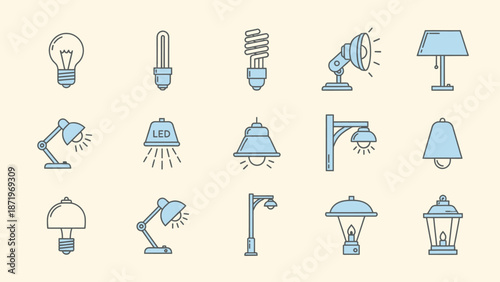 Collection of various light bulb and lamp icons.