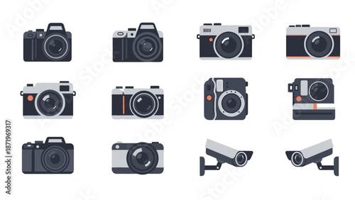Collection of Vintage and Modern Cameras and Security Cameras.