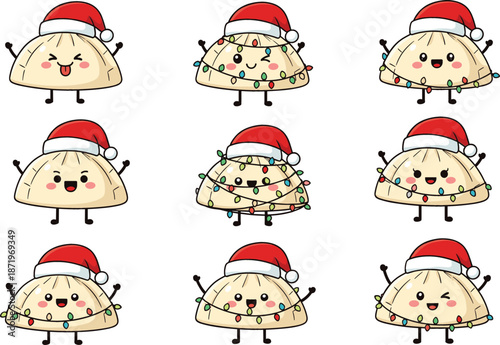 Cute kawaii dumpling characters wearing Santa hats and Christmas lights, festive winter holiday gyoza mascot set with funny faces vector illustration.