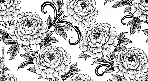 Detailed black and white floral pattern featuring peonies with intricate leaves and swirls