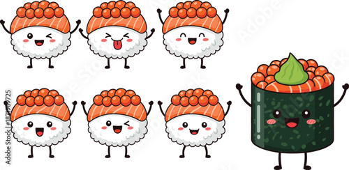 Cute kawaii sushi characters set with various facial expressions and emotions, funny salmon roe nigiri and gunkan maki vector illustrations for kids menu design.