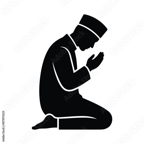 A simple black silhouette of a man kneeling in prayer embodying faith and devotion