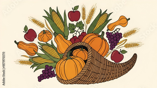 Cornucopia with Pumpkins, Fruits, and Grains Illustration